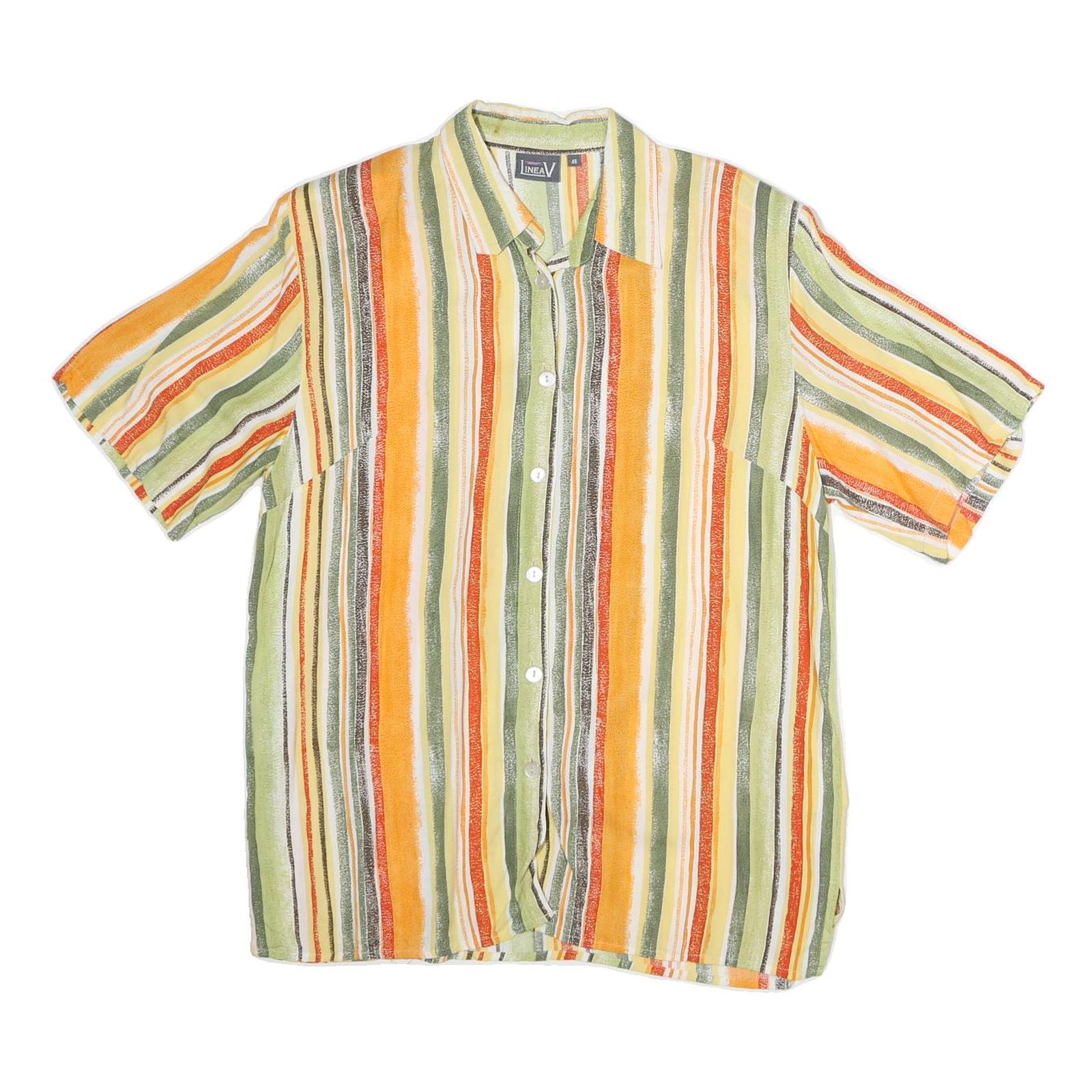 LINEAV Womens Yellow & Green Striped Shirt Short Sleeve Button Neck L Casual