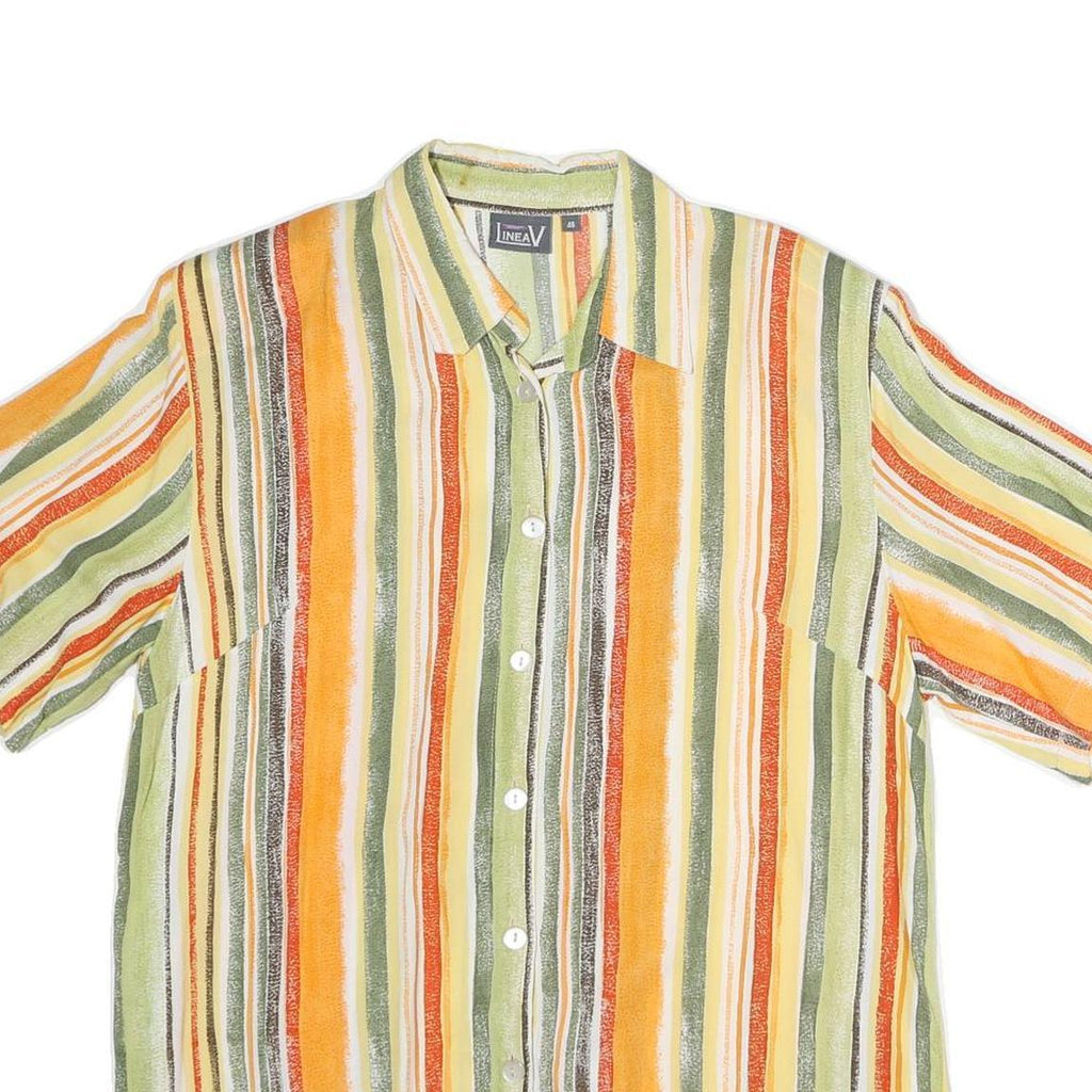 LINEAV Womens Yellow & Green Striped Shirt Short Sleeve Button Neck L Casual