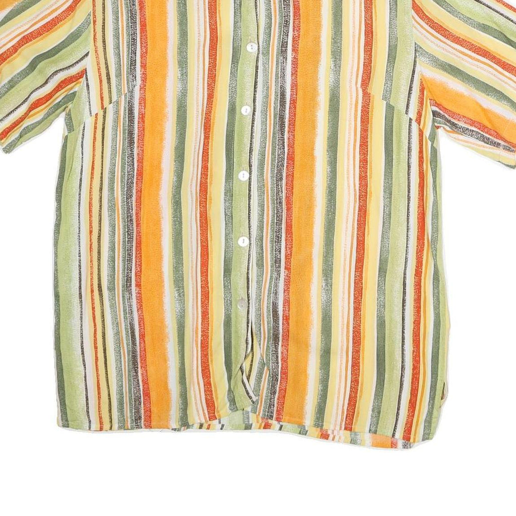 LINEAV Womens Yellow & Green Striped Shirt Short Sleeve Button Neck L Casual