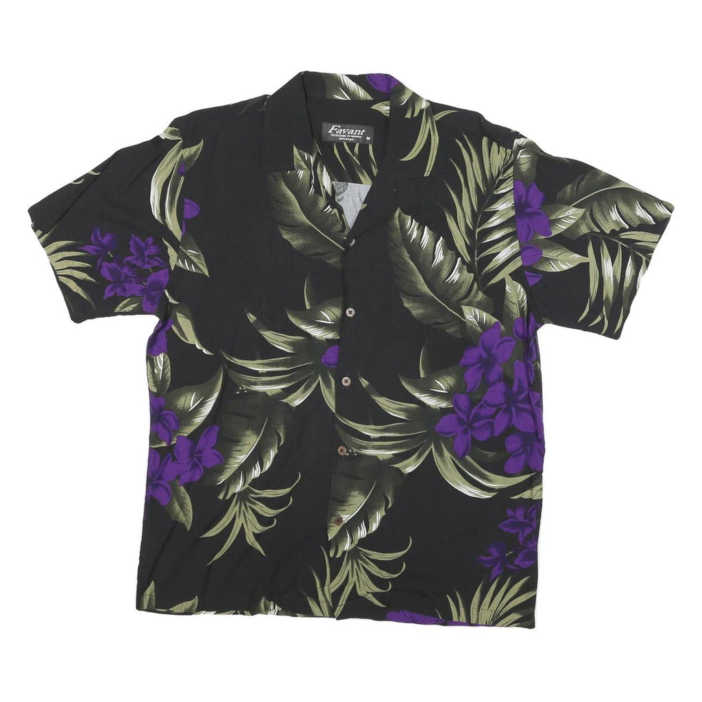 FAVANT Womens Black & Purple Floral Rayon Shirt M Hawaiian Short Sleeve Summer