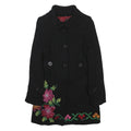 DESIGUAL Womens Black Wool Blend Button Jacket XS Floral Embroidery