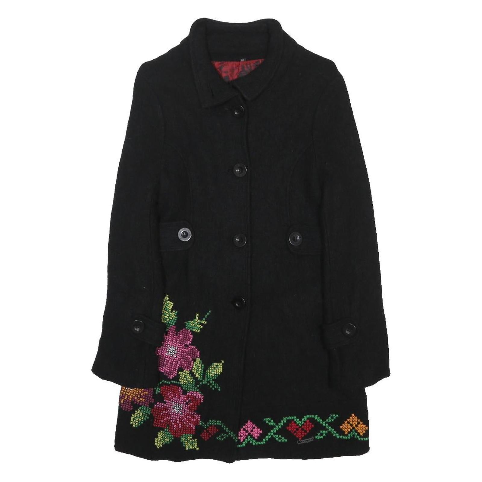 DESIGUAL Womens Black Wool Blend Button Jacket XS Floral Embroidery