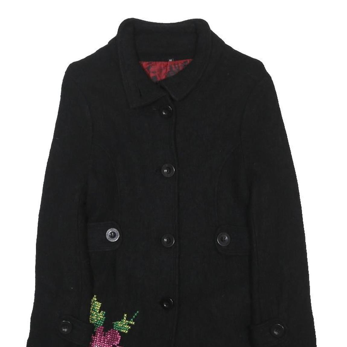 DESIGUAL Womens Black Wool Blend Button Jacket XS Floral Embroidery
