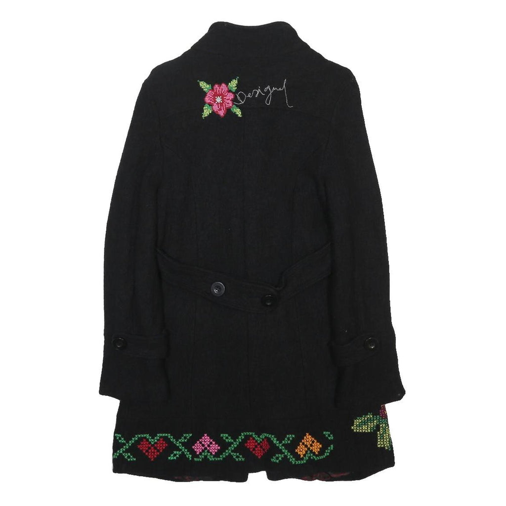 DESIGUAL Womens Black Wool Blend Button Jacket XS Floral Embroidery
