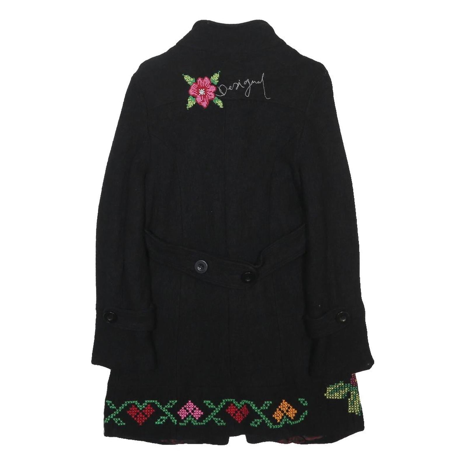 DESIGUAL Womens Black Wool Blend Button Jacket XS Floral Embroidery