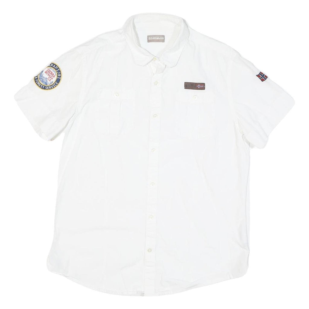 NAPAPIJRI Mens White Casual Shirt M Cotton Blend Patch Logo Norwegian Flag