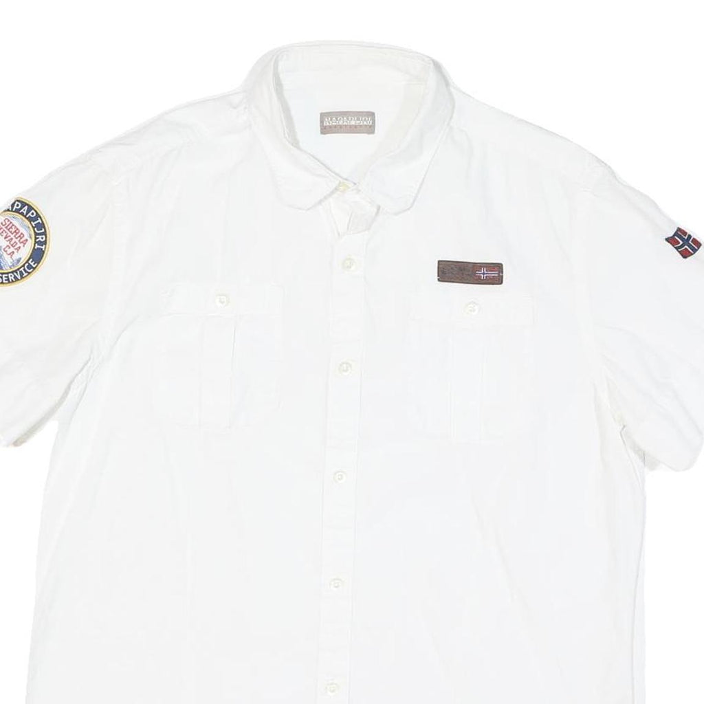NAPAPIJRI Mens White Casual Shirt M Cotton Blend Patch Logo Norwegian Flag