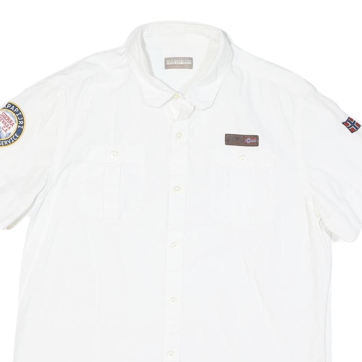 NAPAPIJRI Mens White Casual Shirt M Cotton Blend Patch Logo Norwegian Flag