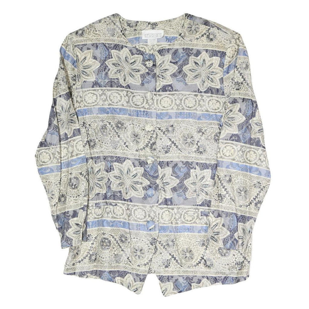 STUDIO C Womens Blue & Grey Floral Pattern Coach Jacket L Polyester Blend Woven