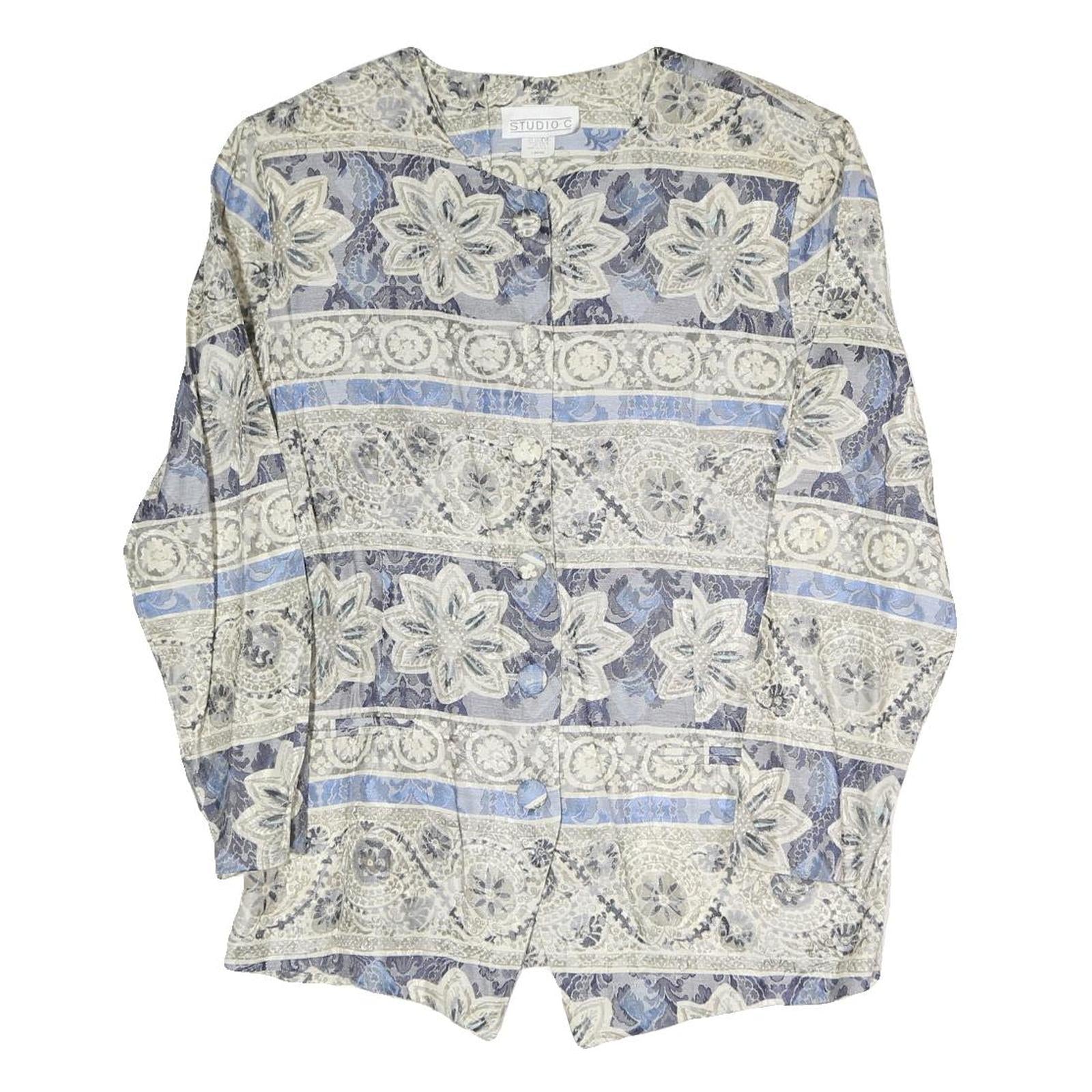 STUDIO C Womens Blue & Grey Floral Pattern Coach Jacket L Polyester Blend Woven