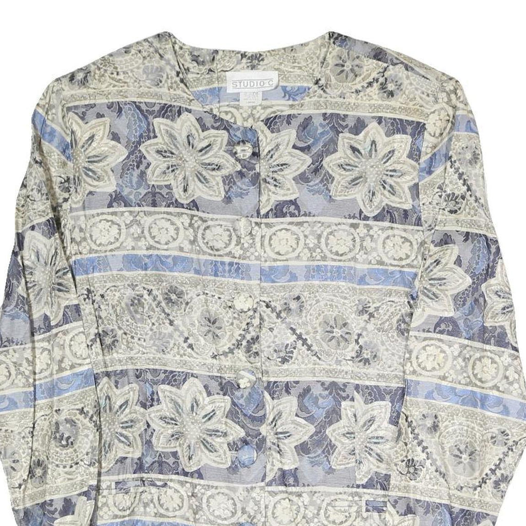 STUDIO C Womens Blue & Grey Floral Pattern Coach Jacket L Polyester Blend Woven
