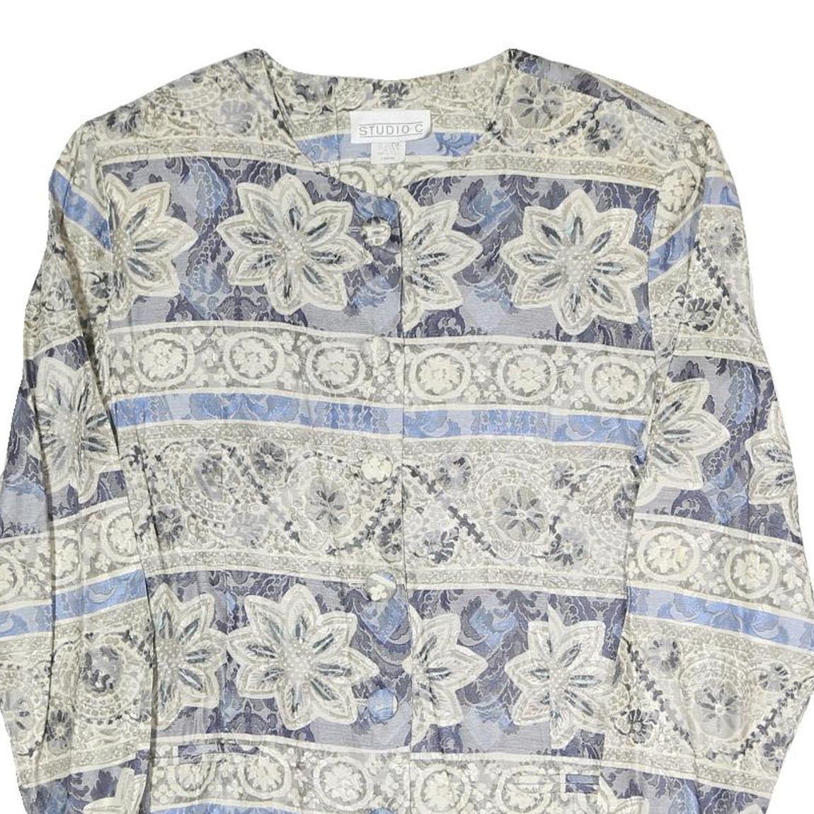 STUDIO C Womens Blue & Grey Floral Pattern Coach Jacket L Polyester Blend Woven
