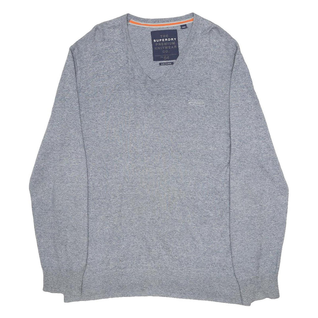 SUPERDRY Mens Grey Plain Cotton Blend V Neck Basic Knit Jumper XL Casual Layer