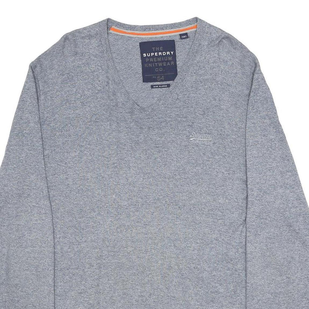 SUPERDRY Mens Grey Plain Cotton Blend V Neck Basic Knit Jumper XL Casual Layer