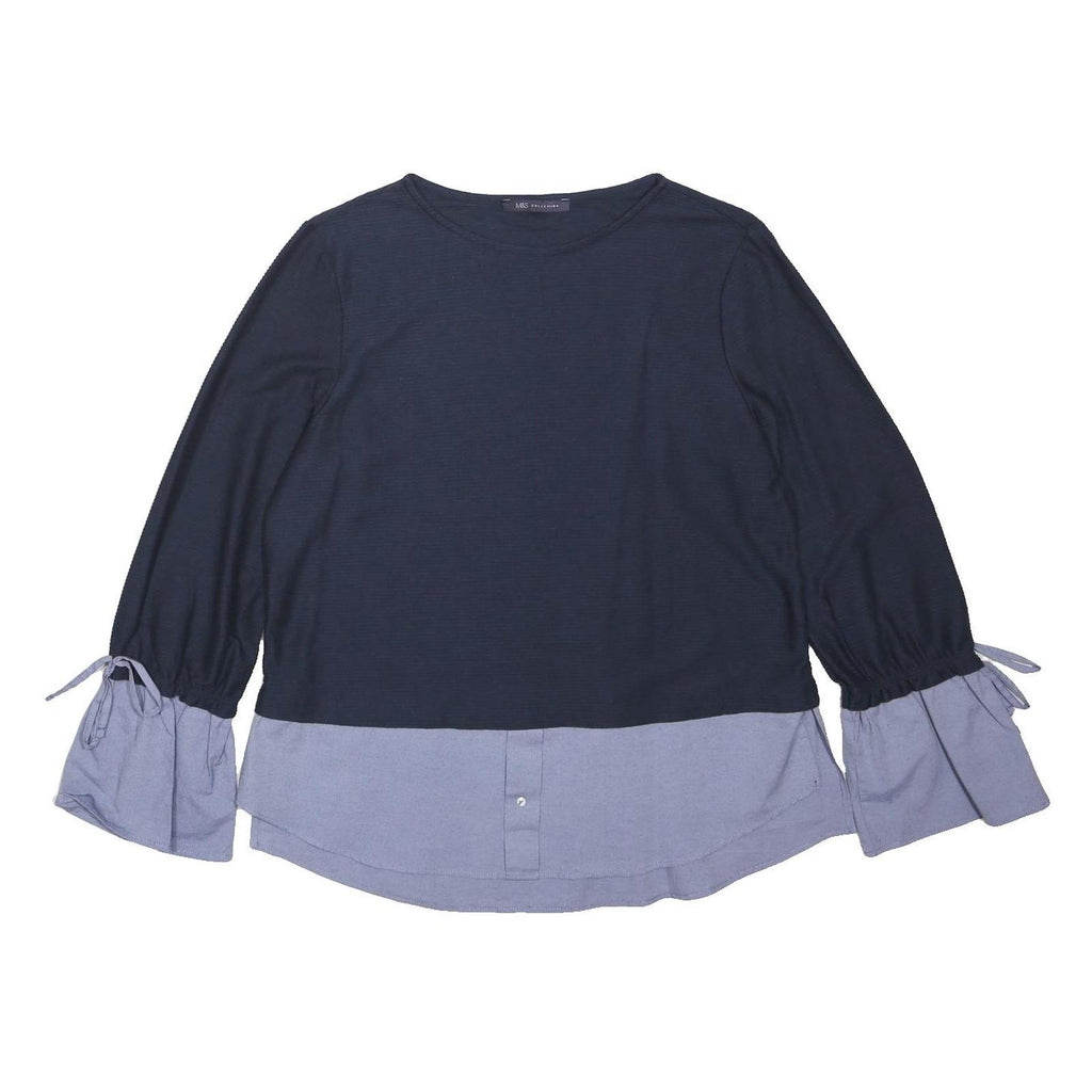M&S Womens Blue Navy & Light Blue Sleeve Tie Cotton Blend Top UK 14 Flared