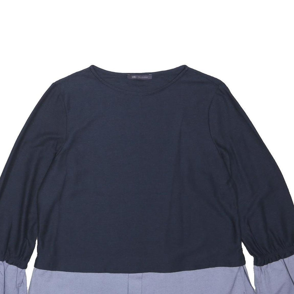 M&S Womens Blue Navy & Light Blue Sleeve Tie Cotton Blend Top UK 14 Flared