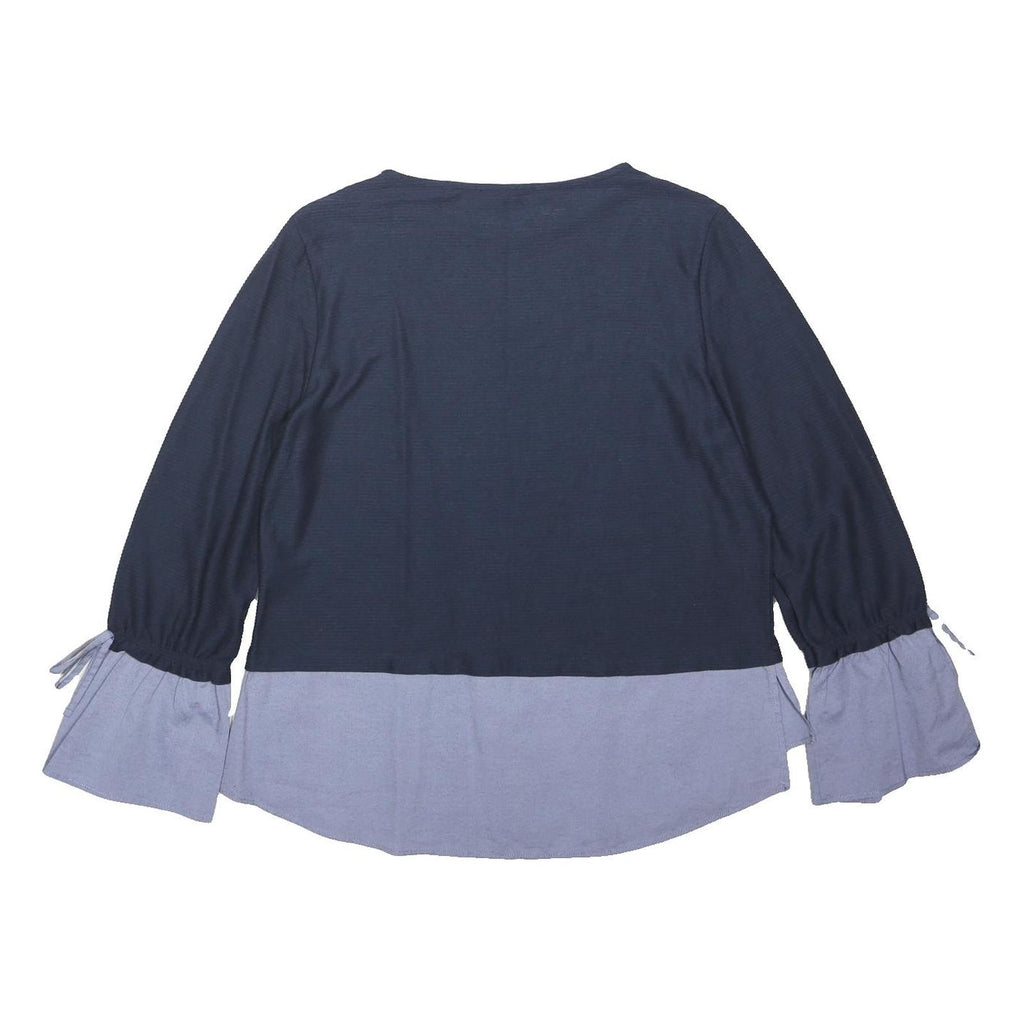 M&S Womens Blue Navy & Light Blue Sleeve Tie Cotton Blend Top UK 14 Flared
