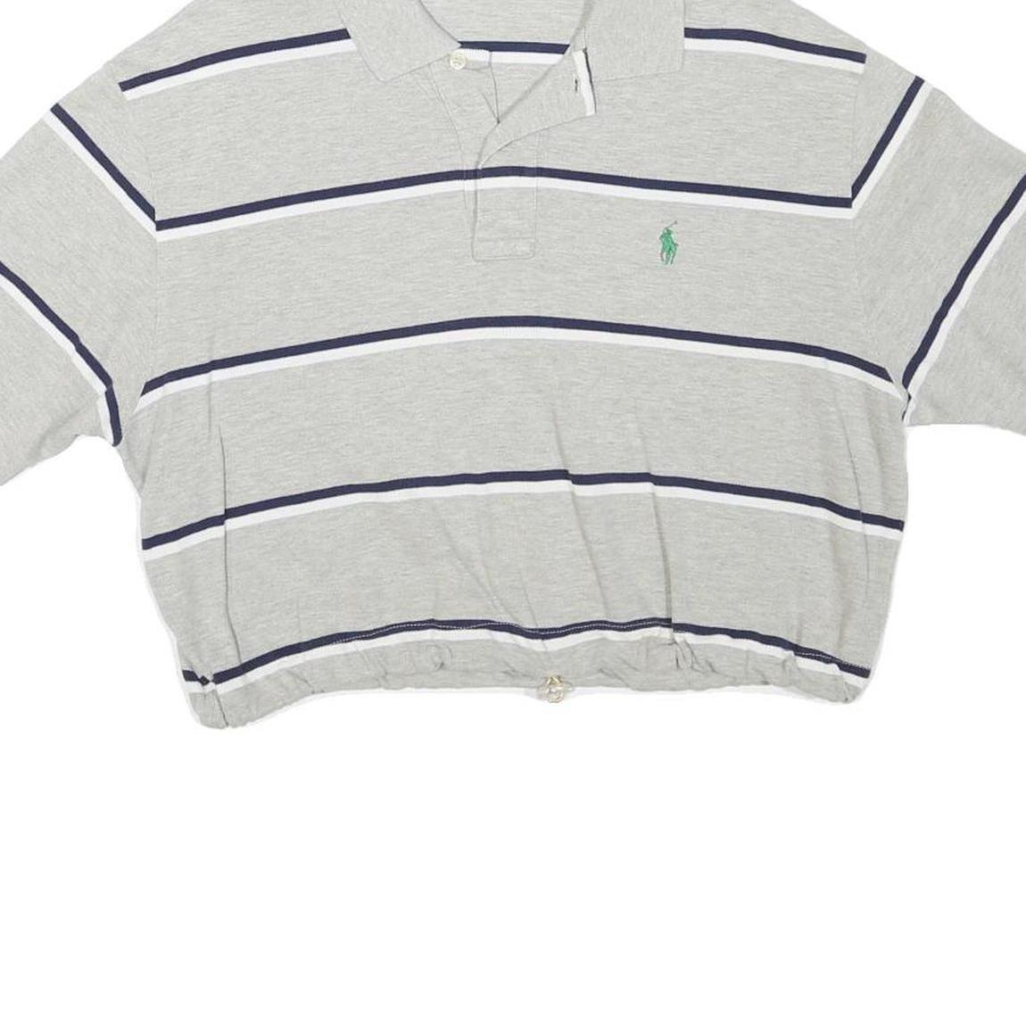 POLO RALPH LAUREN Womens Grey & Navy Striped Short Sleeve Polo Shirt L Crop