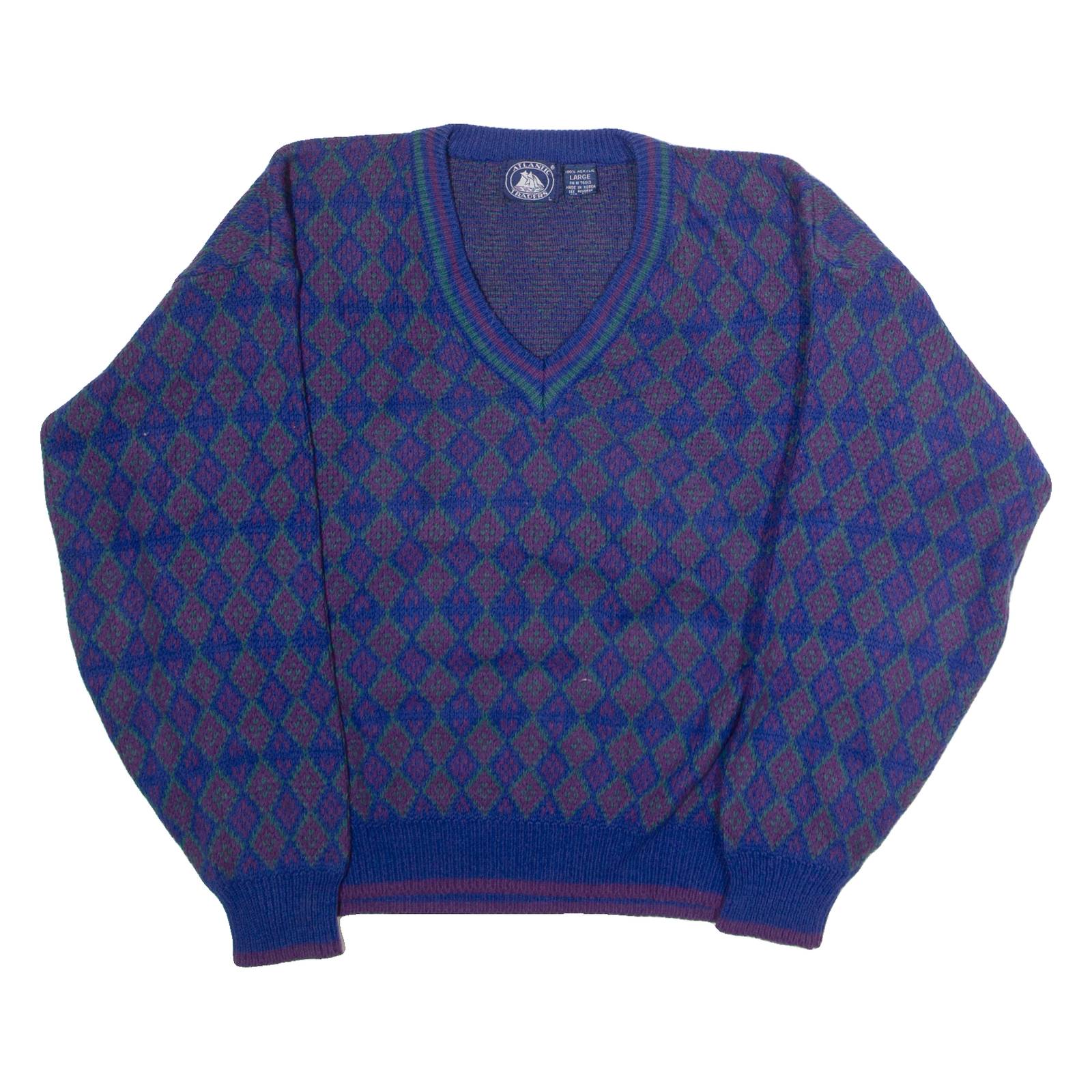 ATLANTIC TRADERS Mens Patterned Jumper Blue Diamond V-Neck 90s L