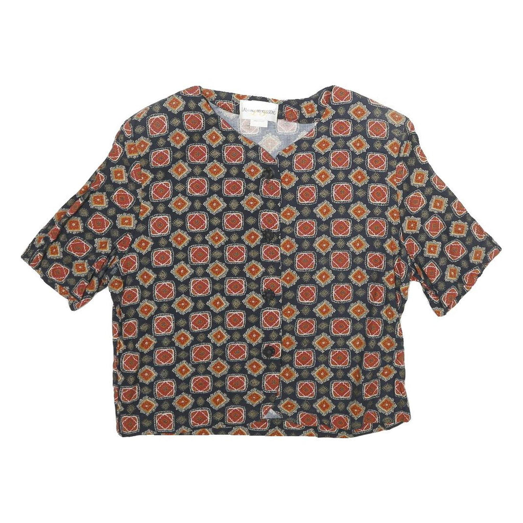 LASTING IMPRESSION Womens Blue & Orange Printed Top Short Sleeve Round Neck S