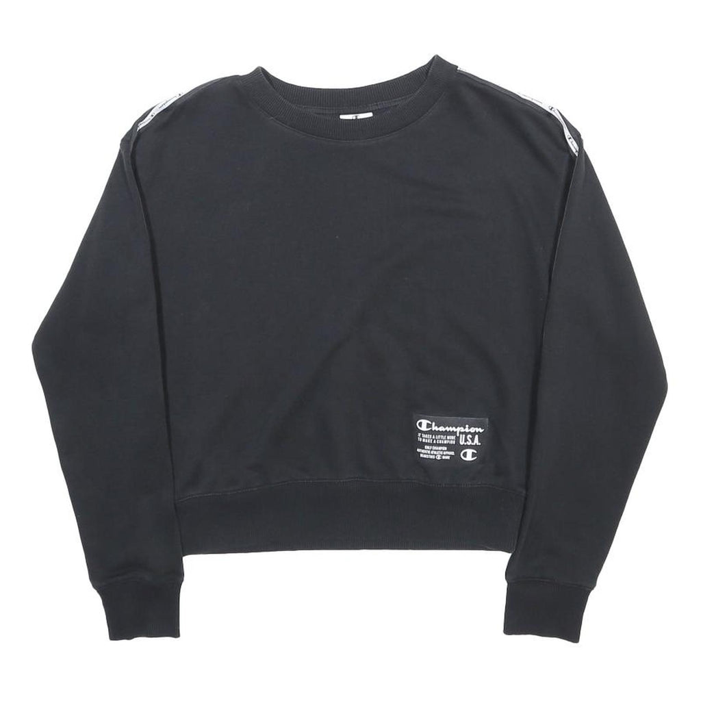 CHAMPION Womens Black Tape Logo Crew Neck Sweatshirt S Cotton Blend Casual