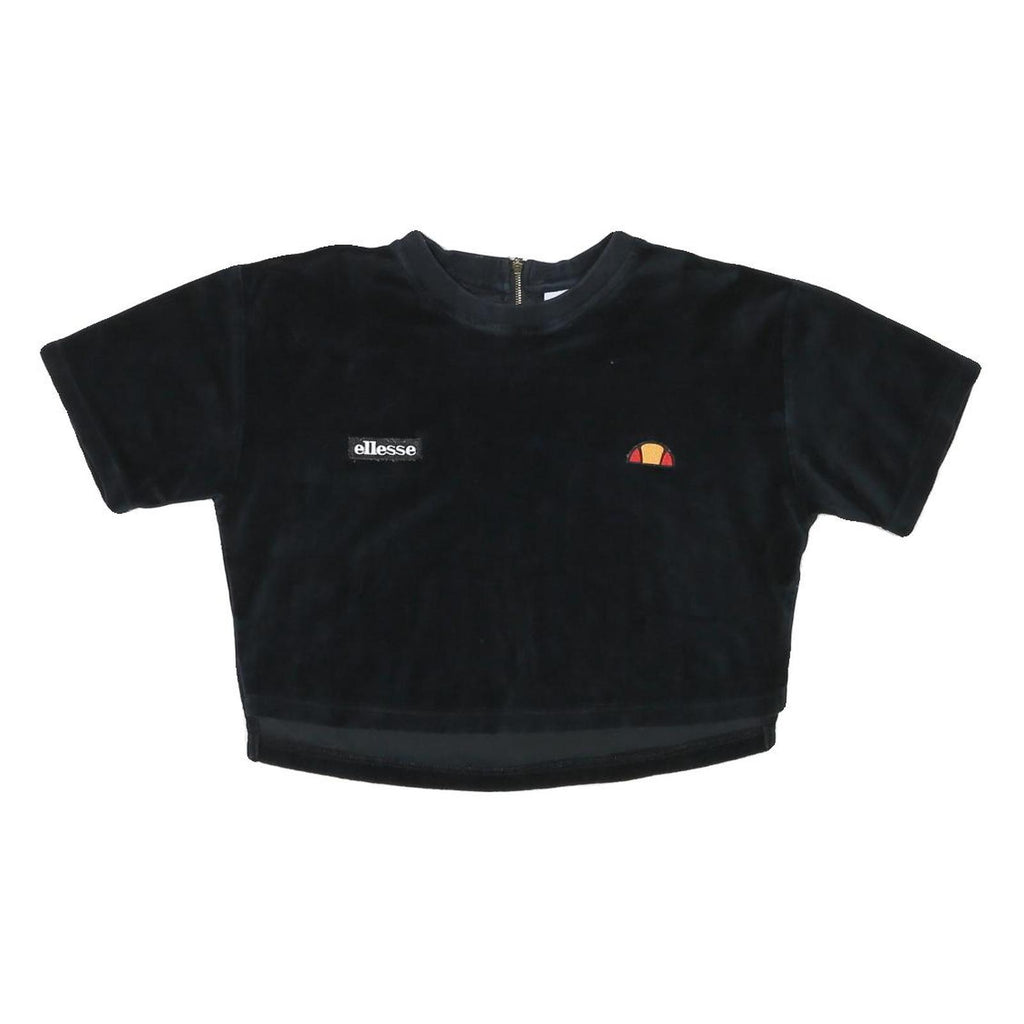 ELLESSE Womens Black Velour Cropped T-Shirt UK 8 Short Sleeve Crew Neck Zip Back