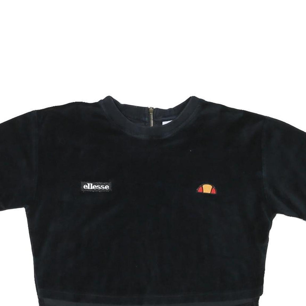 ELLESSE Womens Black Velour Cropped T-Shirt UK 8 Short Sleeve Crew Neck Zip Back