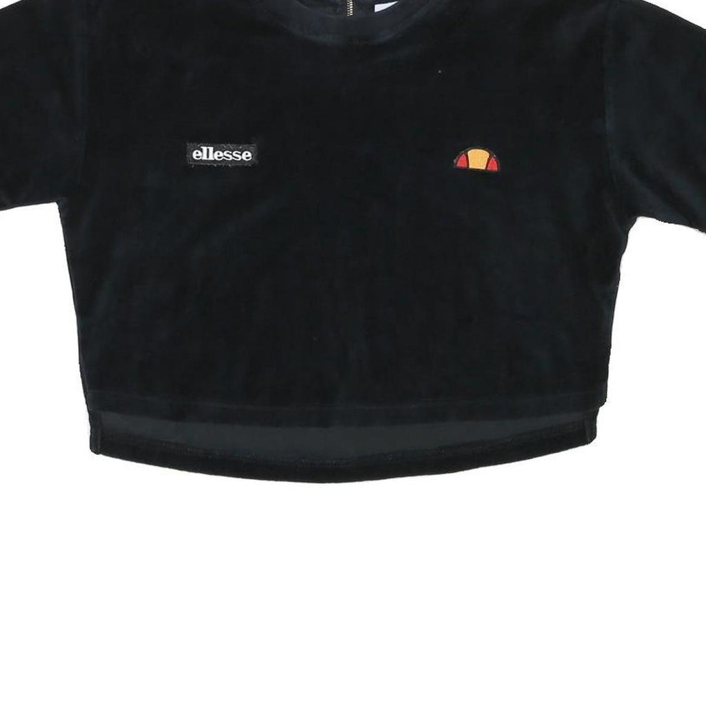 ELLESSE Womens Black Velour Cropped T-Shirt UK 8 Short Sleeve Crew Neck Zip Back