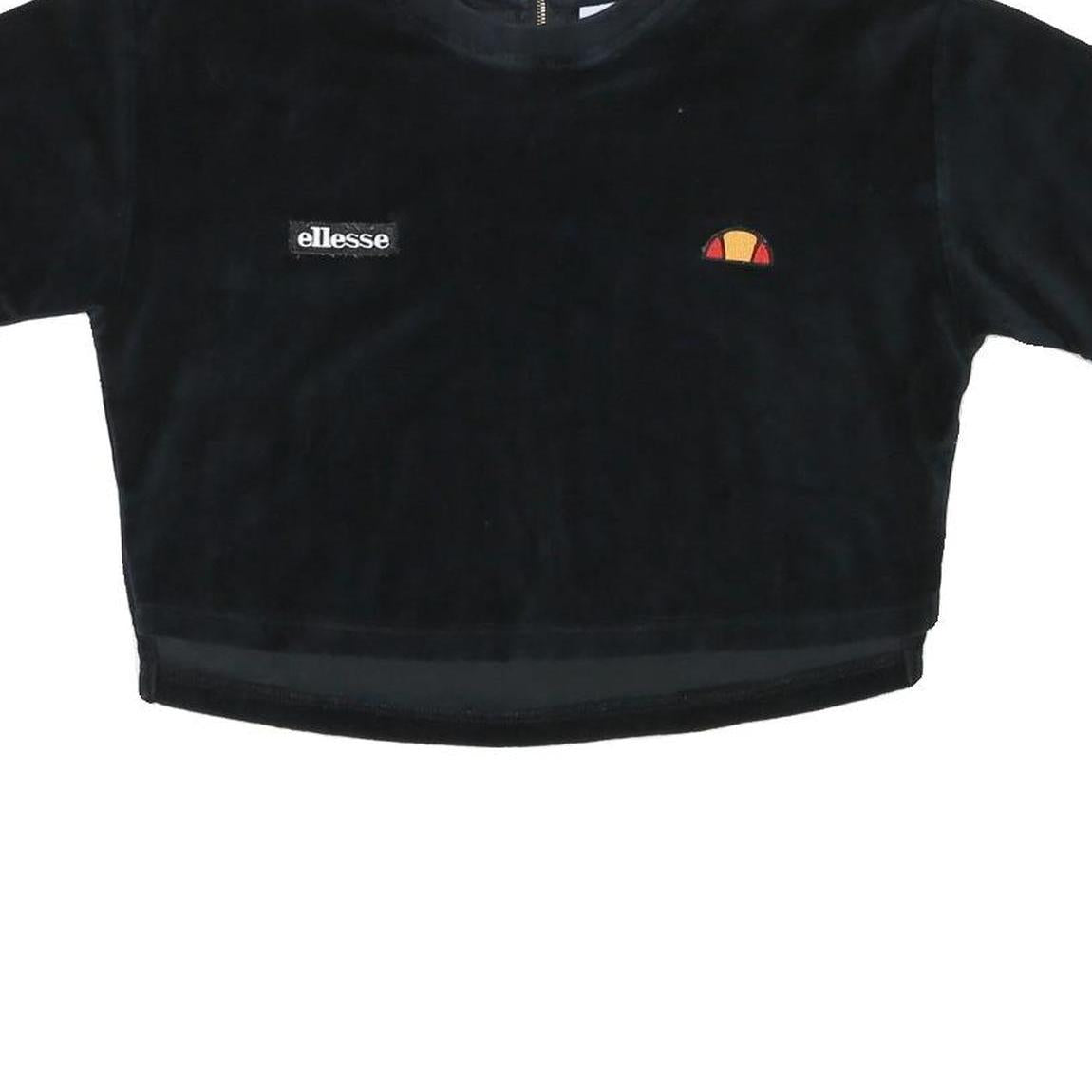 ELLESSE Womens Black Velour Cropped T-Shirt UK 8 Short Sleeve Crew Neck Zip Back