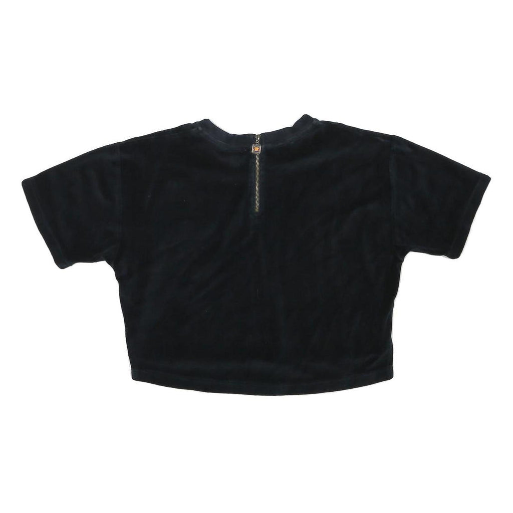 ELLESSE Womens Black Velour Cropped T-Shirt UK 8 Short Sleeve Crew Neck Zip Back
