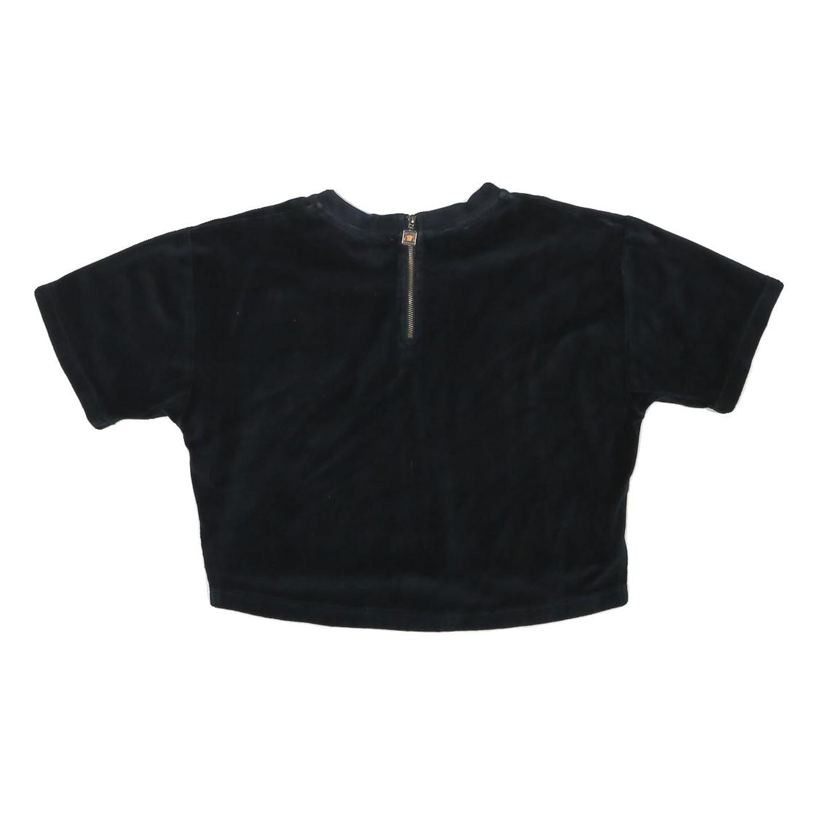 ELLESSE Womens Black Velour Cropped T-Shirt UK 8 Short Sleeve Crew Neck Zip Back