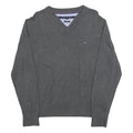 TOMMY HILFIGER Mens Grey Plain Cotton Blend Jumper V-Neck Basic Knit M Classic