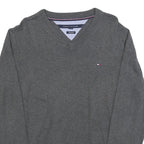 TOMMY HILFIGER Mens Grey Plain Cotton Blend Jumper V-Neck Basic Knit M Classic