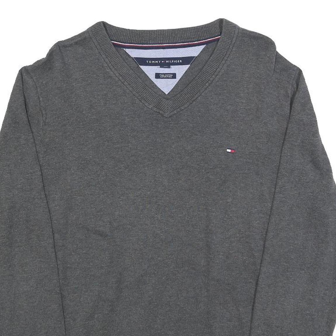 TOMMY HILFIGER Mens Grey Plain Cotton Blend Jumper V-Neck Basic Knit M Classic