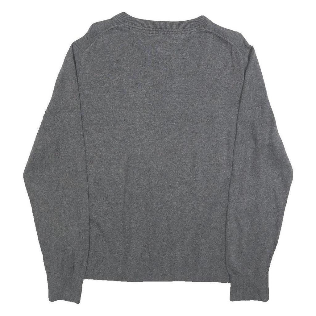 TOMMY HILFIGER Mens Grey Plain Cotton Blend Jumper V-Neck Basic Knit M Classic