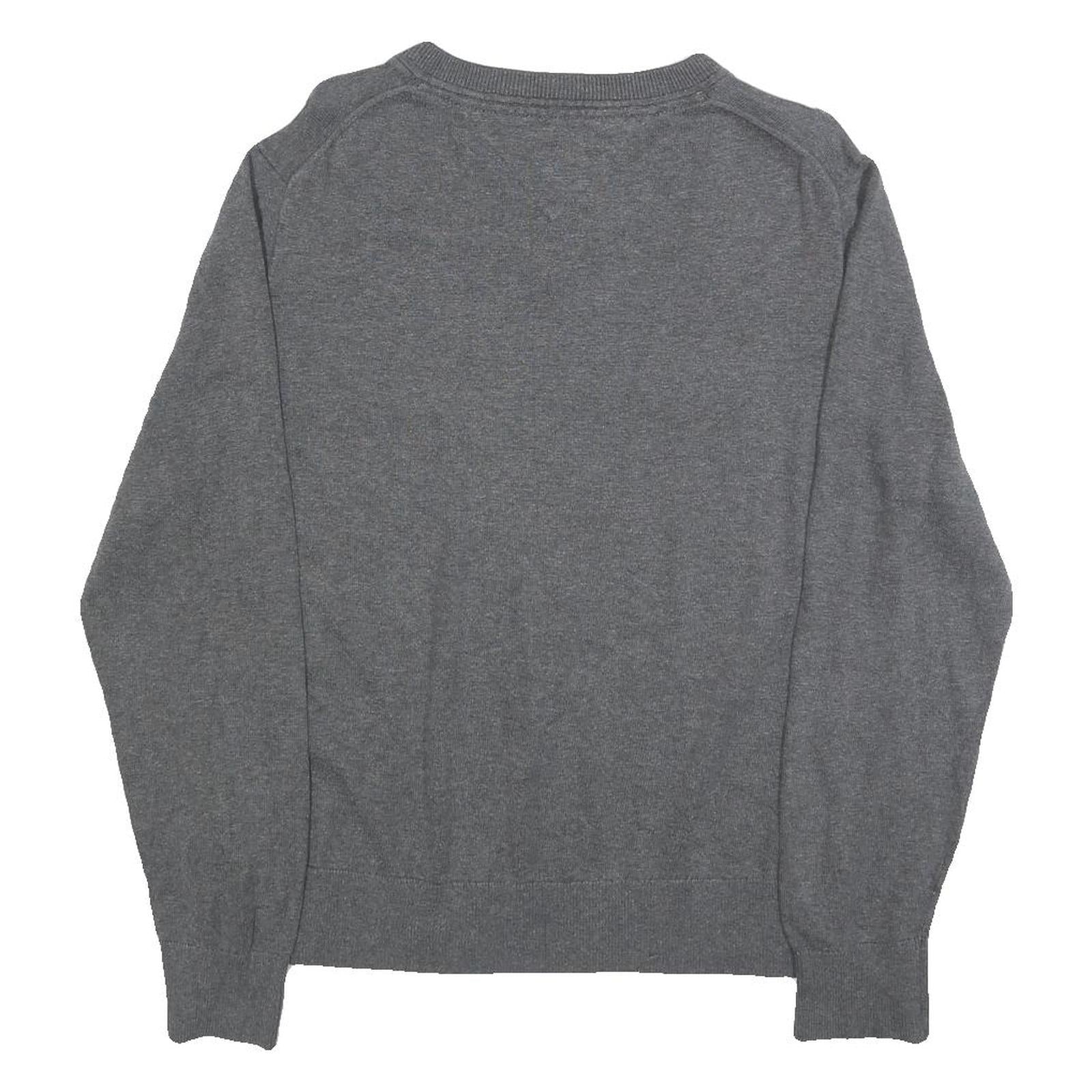 TOMMY HILFIGER Mens Grey Plain Cotton Blend Jumper V-Neck Basic Knit M Classic