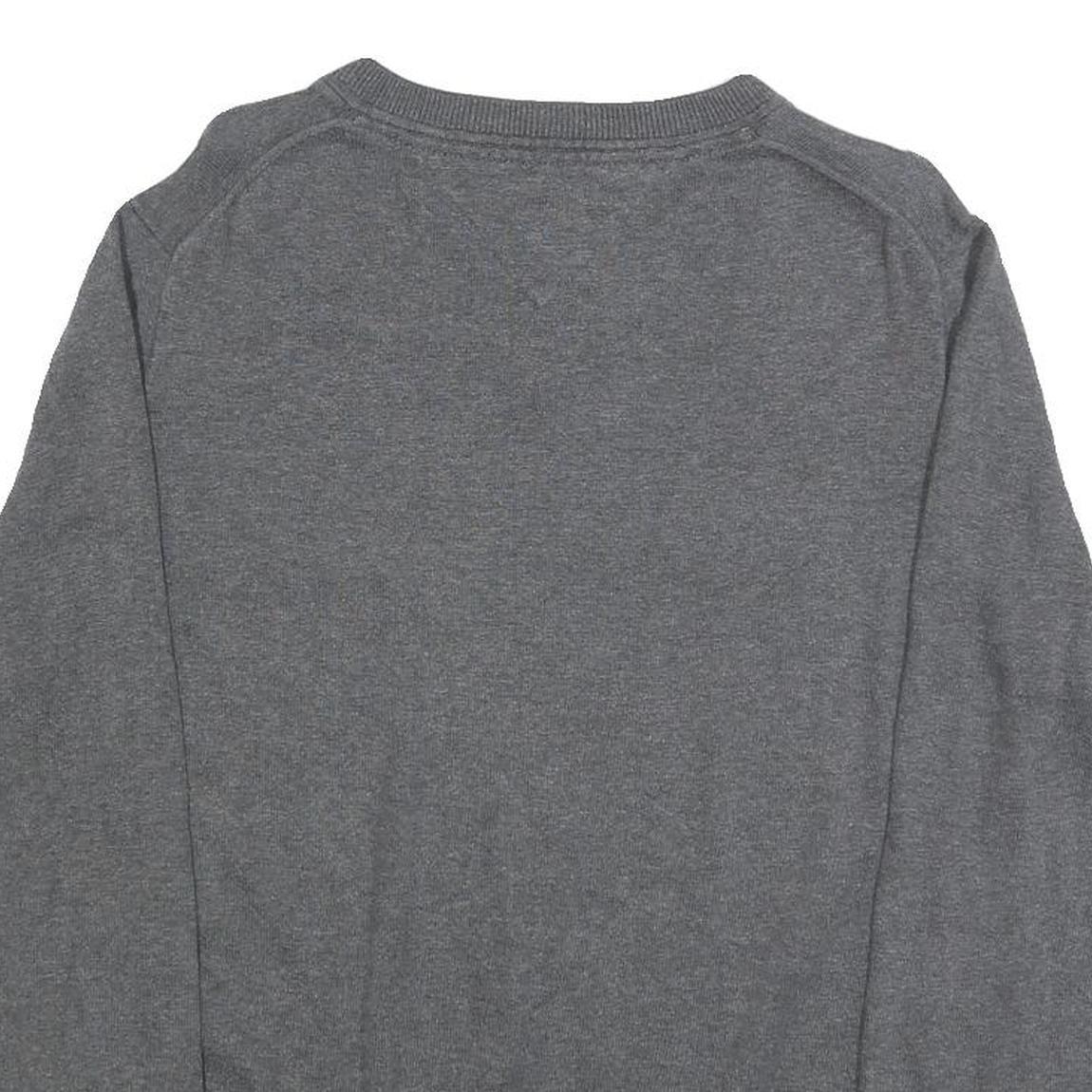 TOMMY HILFIGER Mens Grey Plain Cotton Blend Jumper V-Neck Basic Knit M Classic
