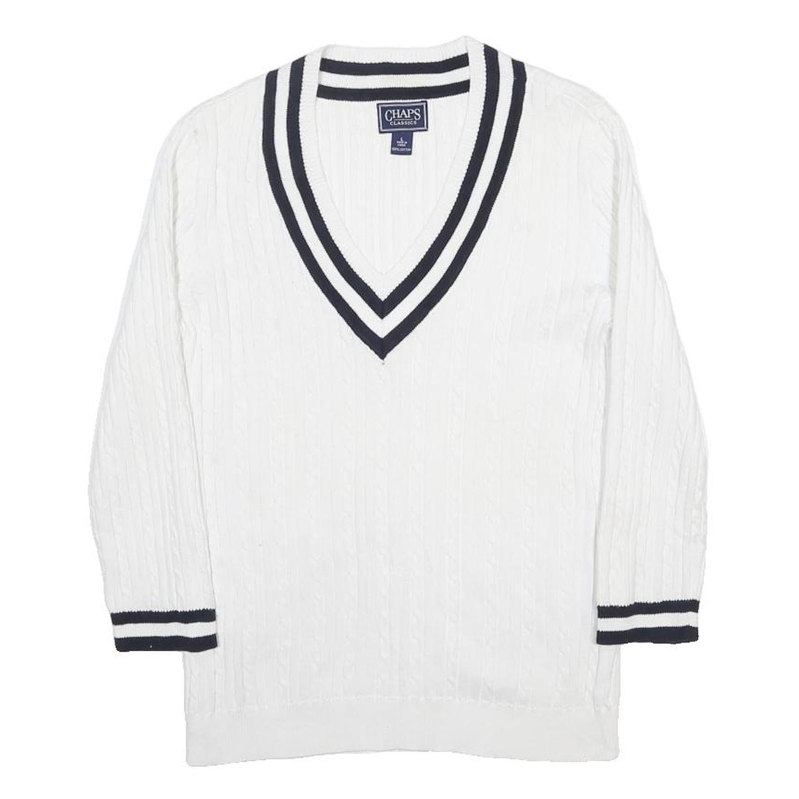 CHAPS Womens White & Black Cable Knit V-Neck Jumper L Classic Casual