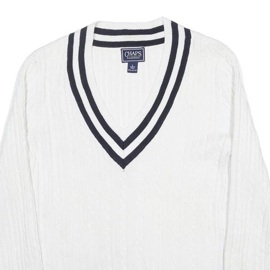CHAPS Womens White & Black Cable Knit V-Neck Jumper L Classic Casual