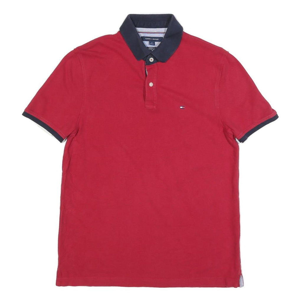 TOMMY HILFIGER Mens Red & Navy Short Sleeve Polo Shirt M Classic Cotton Blend