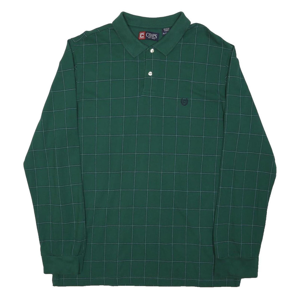 CHAPS Mens Green Windowpane Long Sleeve Polo Shirt XL Cotton Blend Classic