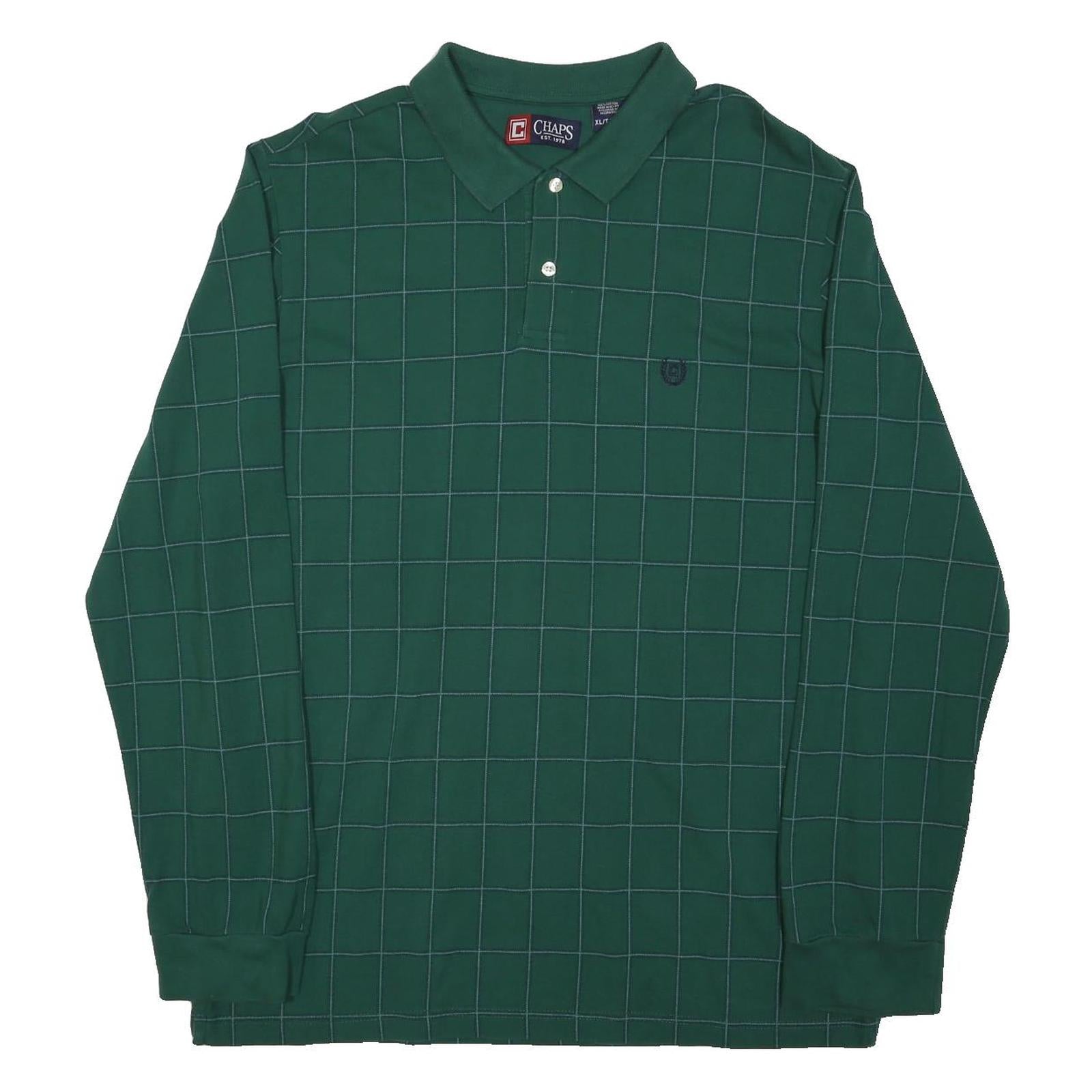 CHAPS Mens Green Windowpane Long Sleeve Polo Shirt XL Cotton Blend Classic