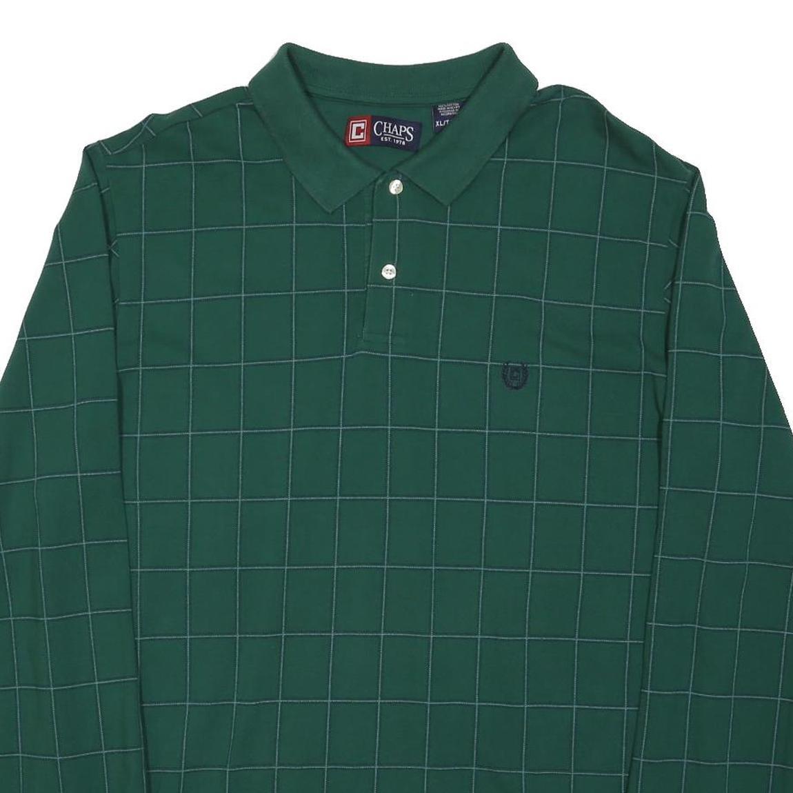 CHAPS Mens Green Windowpane Long Sleeve Polo Shirt XL Cotton Blend Classic