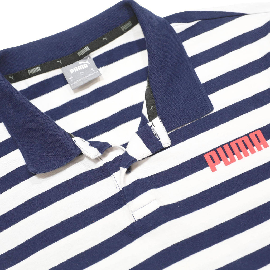 PUMA Mens Blue & White Striped Polo Shirt L Cotton Blend Short Sleeve Casual