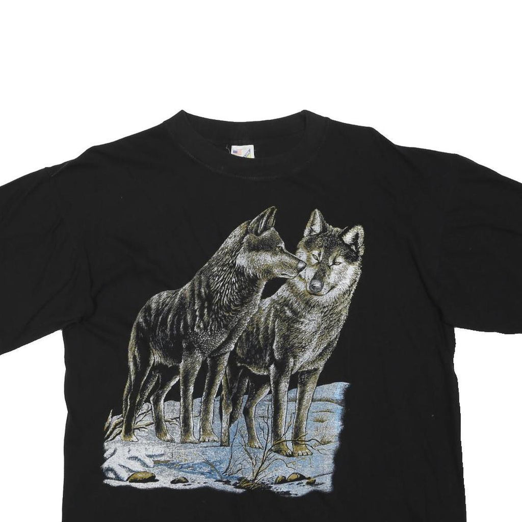 COTTON LINE Womens Black Graphic T-Shirt XL Short Sleeve Crew Neck Wolves