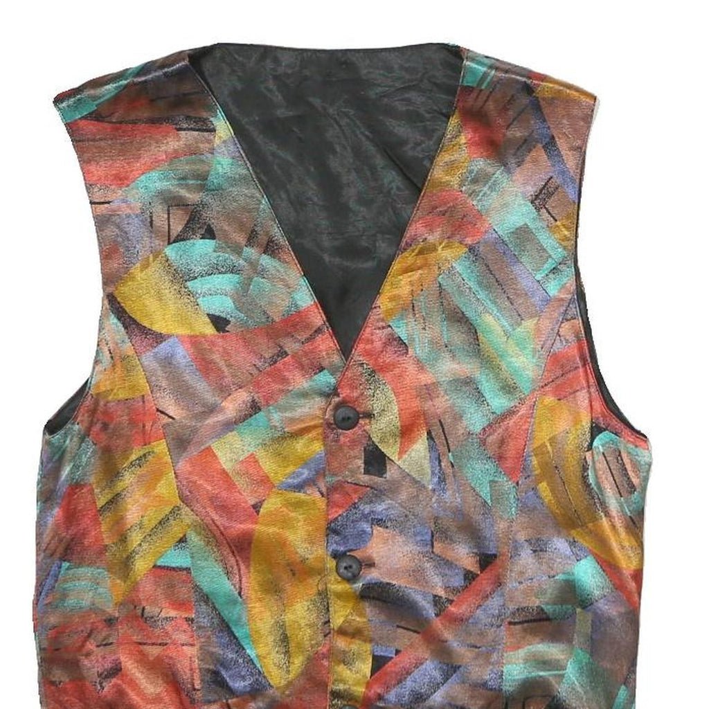 Mens Red & Multicoloured Waistcoat Crazy Pattern XS Woven Button Sleeveless Band