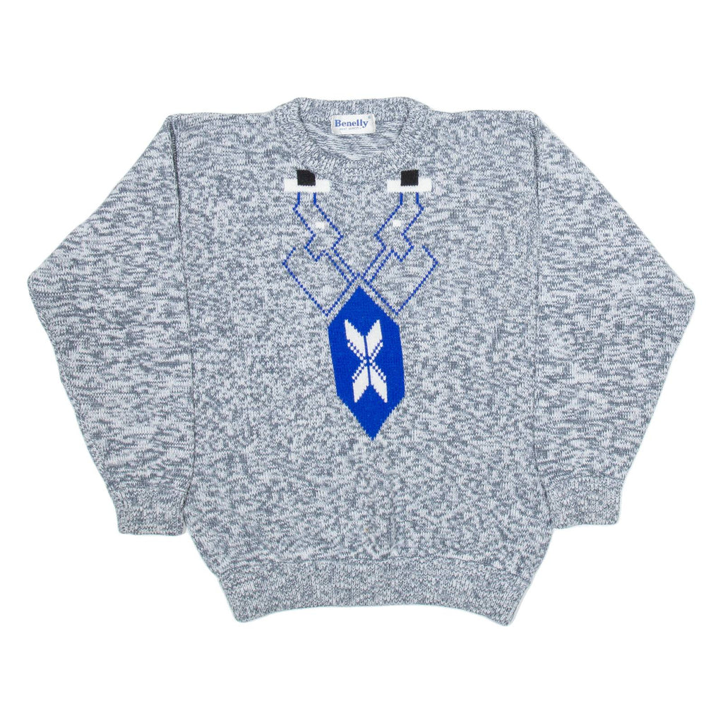 BENELLY Womens Patterned Jumper Grey Geometric Tight Knit S