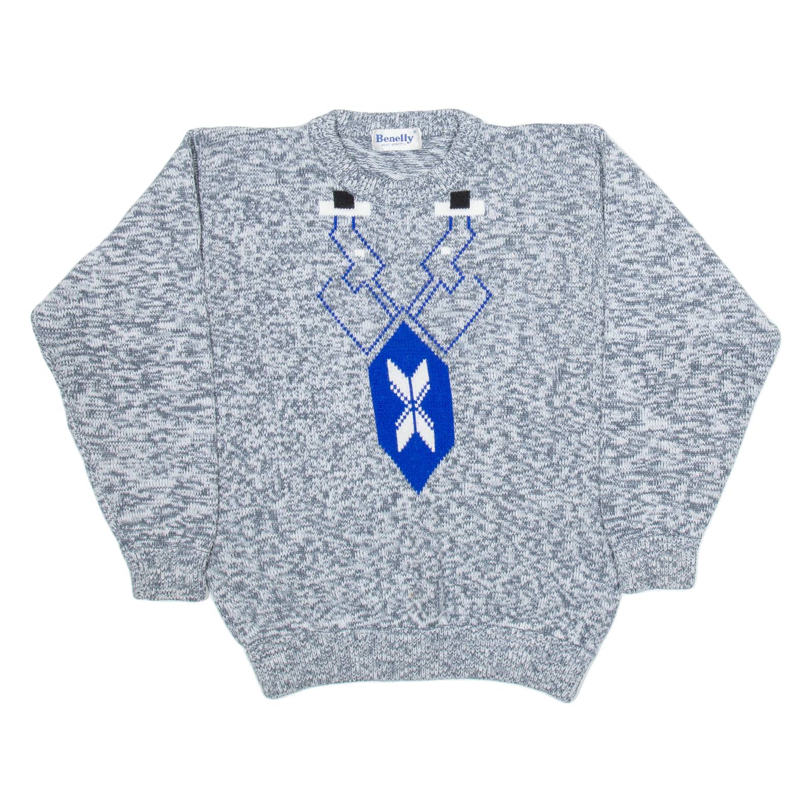 BENELLY Womens Patterned Jumper Grey Geometric Tight Knit S