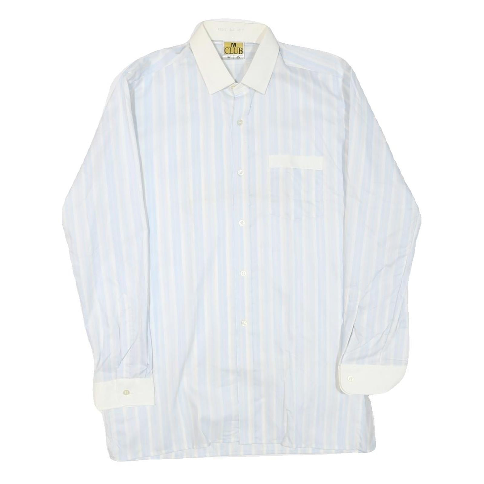 M CLUB Mens White & Blue Striped Cotton Blend Shirt M Long Sleeve Button Collar
