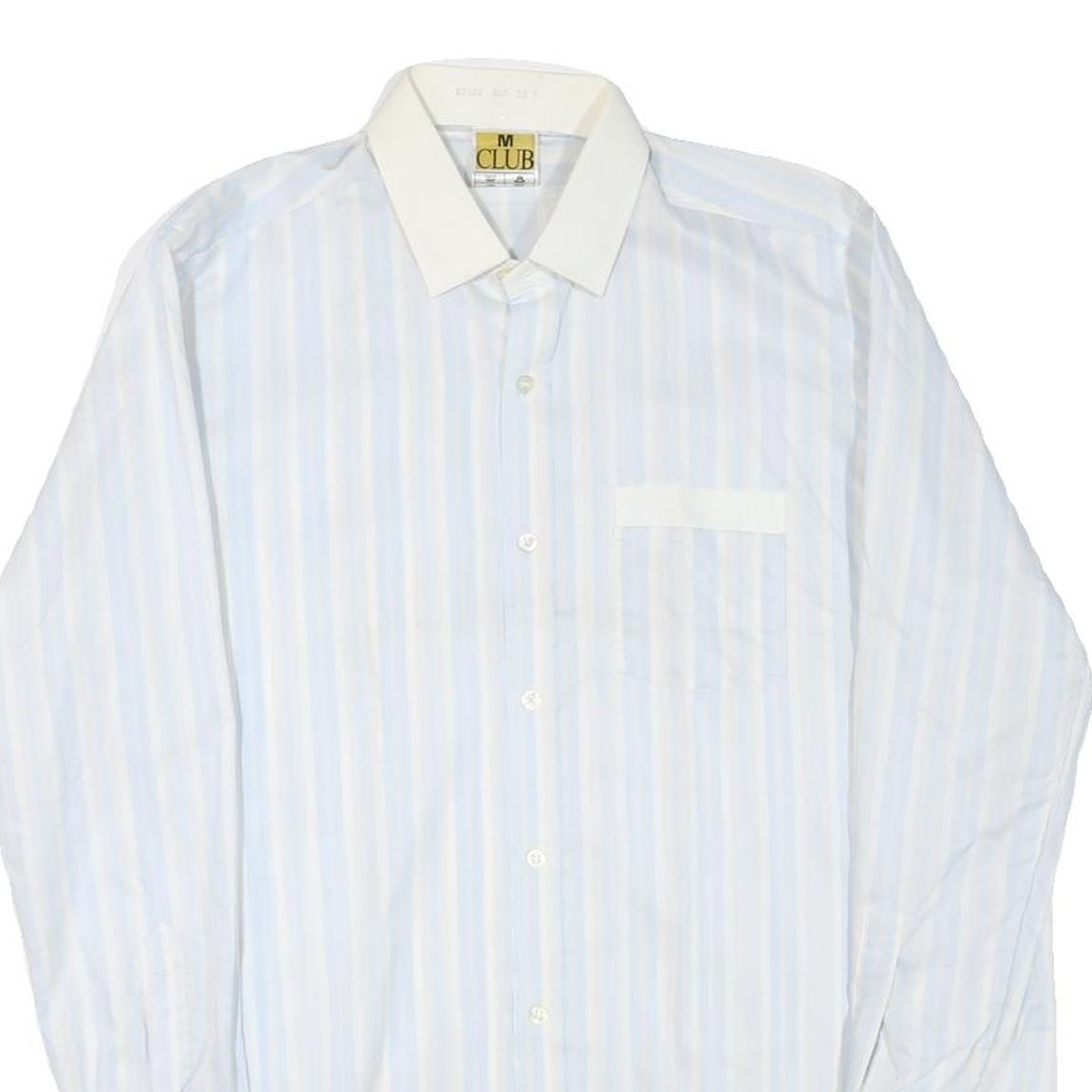 M CLUB Mens White & Blue Striped Cotton Blend Shirt M Long Sleeve Button Collar